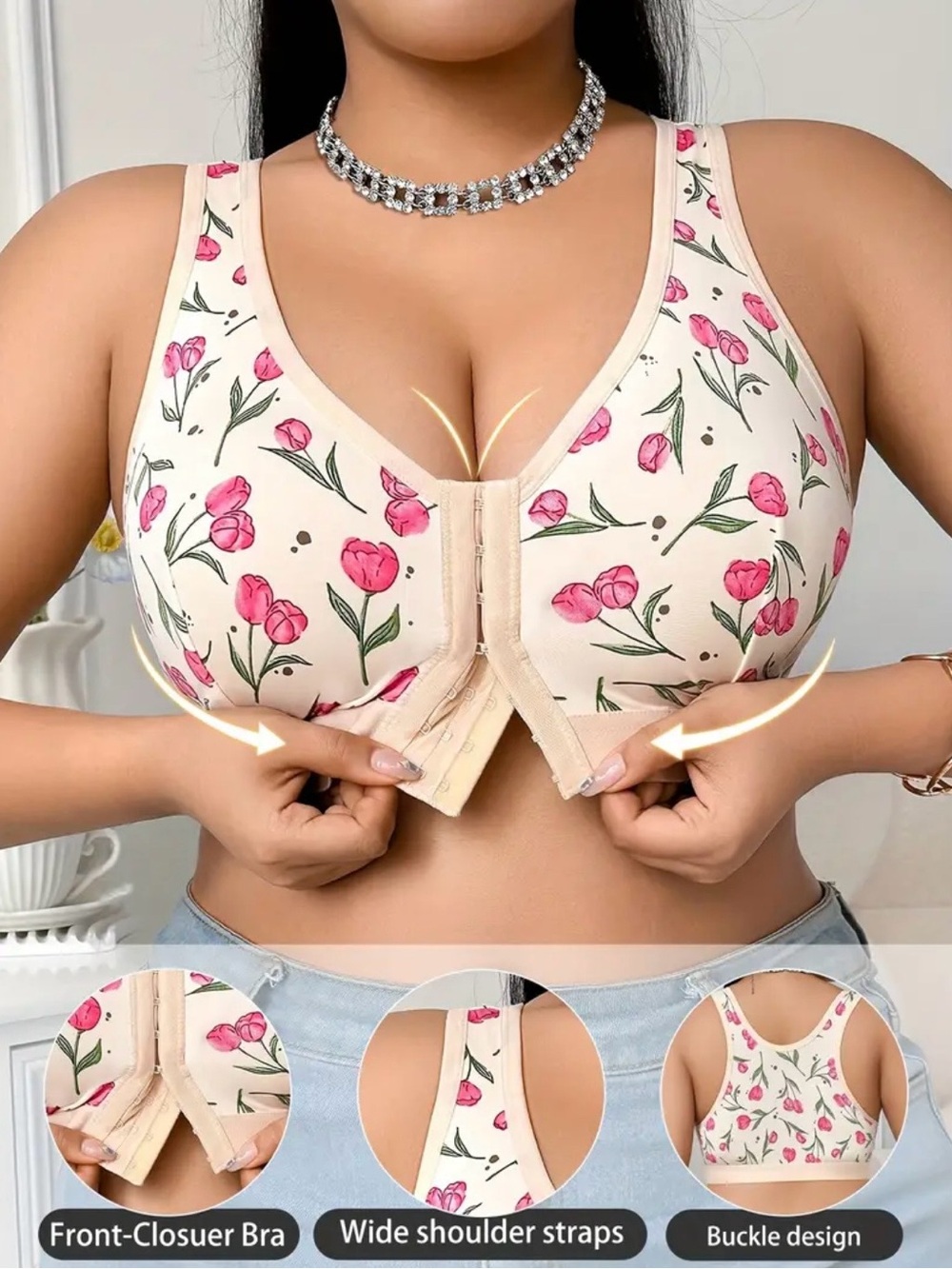 NEW❤️Front-Closure Floral Comfort Bra - Pink Tulip Print